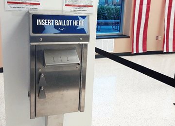 A close-up of the ballot drop box at the Berks County Services Center