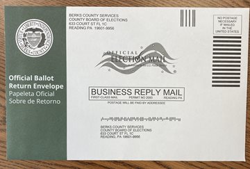 Image of a Berks County mail-in or absentee ballot declaration envelope